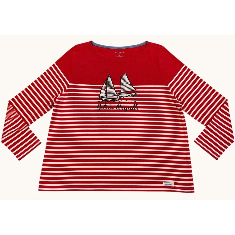 Talbots Red White Striped Sailboat‎ Bateau Marseille Top Plus Petite 3XP Cotton